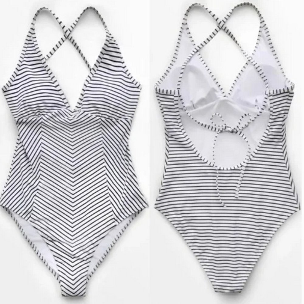 CupShe V-neck One Piece Swimsuit Black/White Stripe Size Small